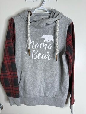 Warehouse One Hoodie Gray w Plaid Sleeves & "Mama Bear" printed on front